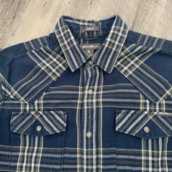 Eddie Bauer Mens M Blue Plaid Pearl Snap Heavyweight Cotton Long Sleeve Twill - Picture 3 of 5